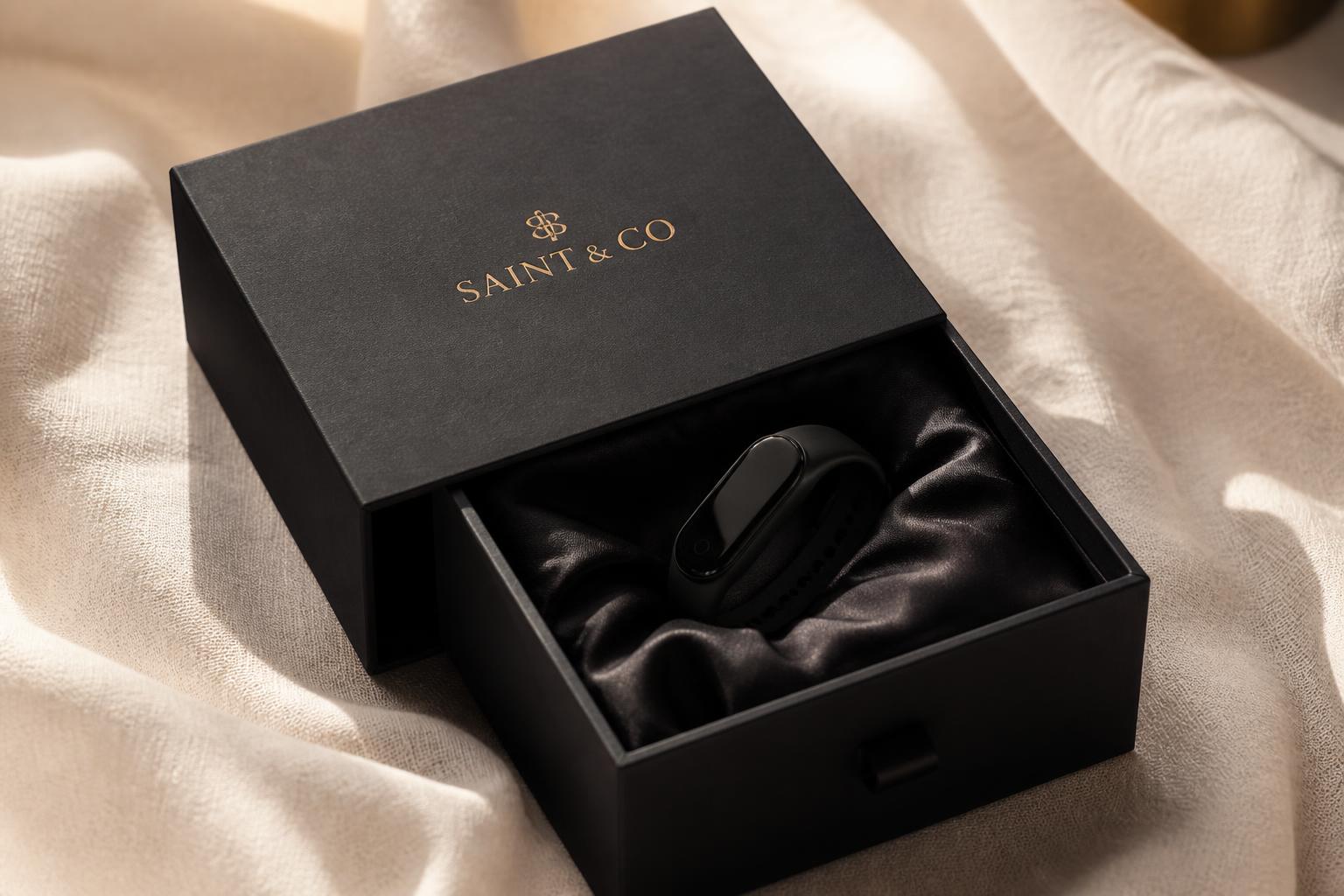 Open black magnetic Saint & Co box with gold foil and silk lining holding a band.